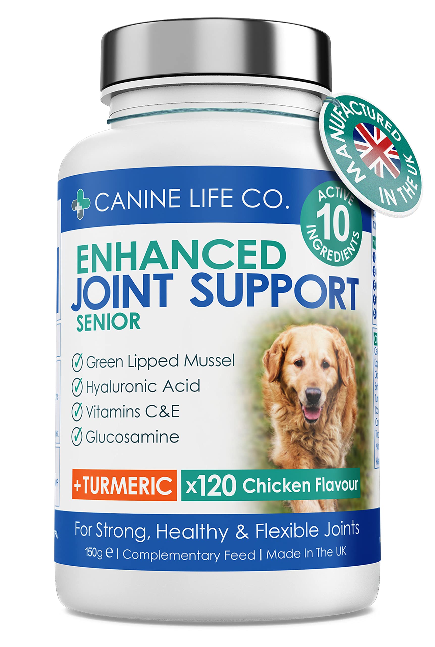 Senior Dog Joint Supplements High Strength With Added Turmeric Glucosamine & Green Lipped Mussel For Older Stiffer Dogs Age 8+ 120 Chewable Tablets Made In The UK From Canine Life Co.
