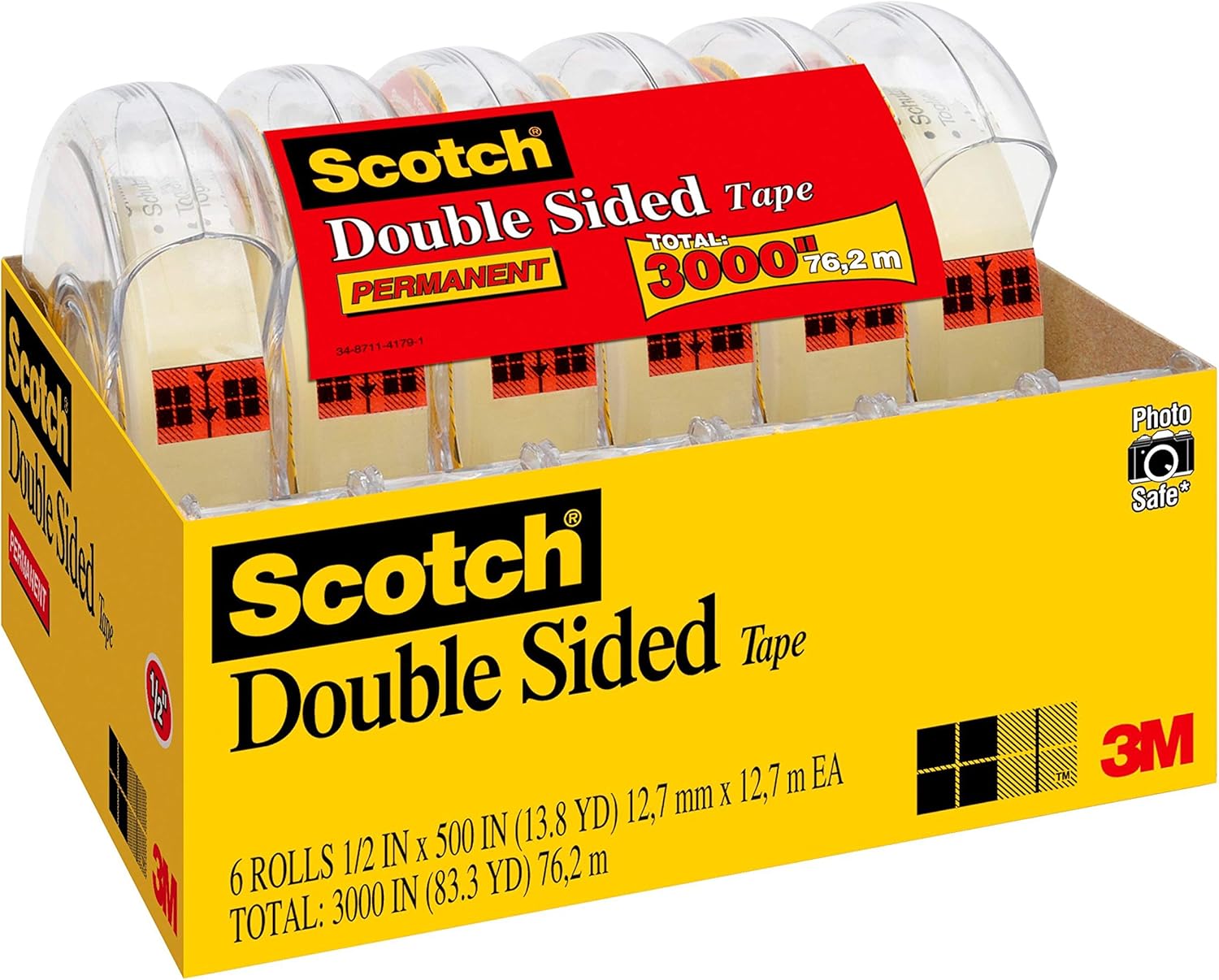Scotch 6137H-2PC-MP Double Sided Tape, No Liner, Strong, Use, 1/2 x 500 Inches, 6 Dispensered Rolls, Single : Clear Tapes : Office Products