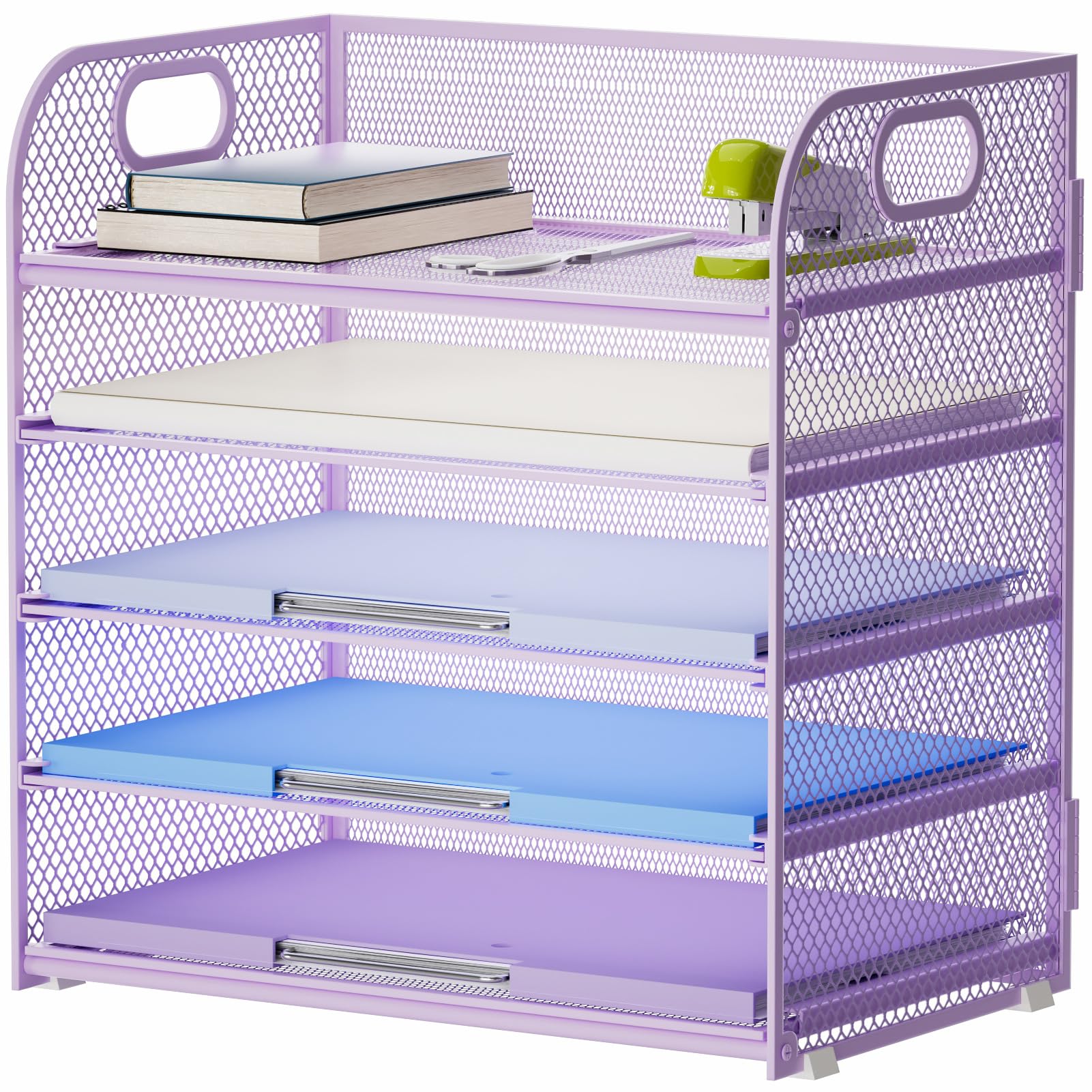 Photo 1 of Marbrasse Paper Organizer Letter Tray, 5 Tier Mesh File Organizer with Handle, Paper Sorter Desk Organizer for Home Office Supplies - Purple