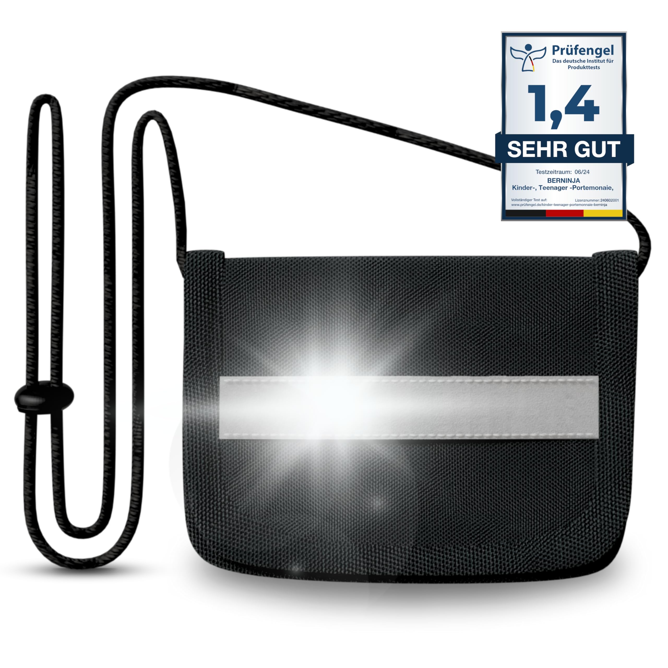 Purse with Viewing Window for Hanging Children's / Student / Neck Pouch with Reflective Stripes for Boys and Girls, black, plain