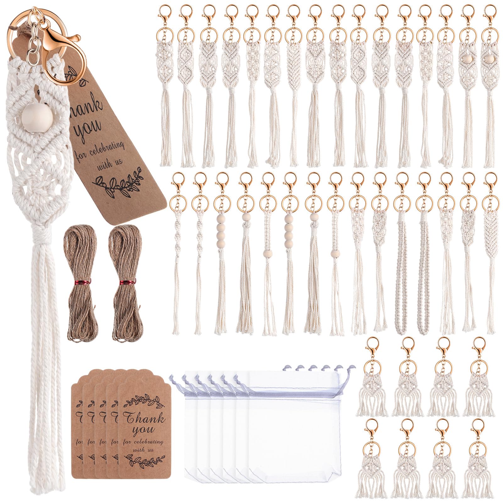 Photo 1 of Yuxung 120 Pcs Macrame Keychains Bulk Set, 40 Pcs Boho Keychain 40 Pcs Drawstring Organza Bag and 40 Pcs Thank You Tags with Hemp Rope for Wedding Thank You Baby Shower Party Favors
