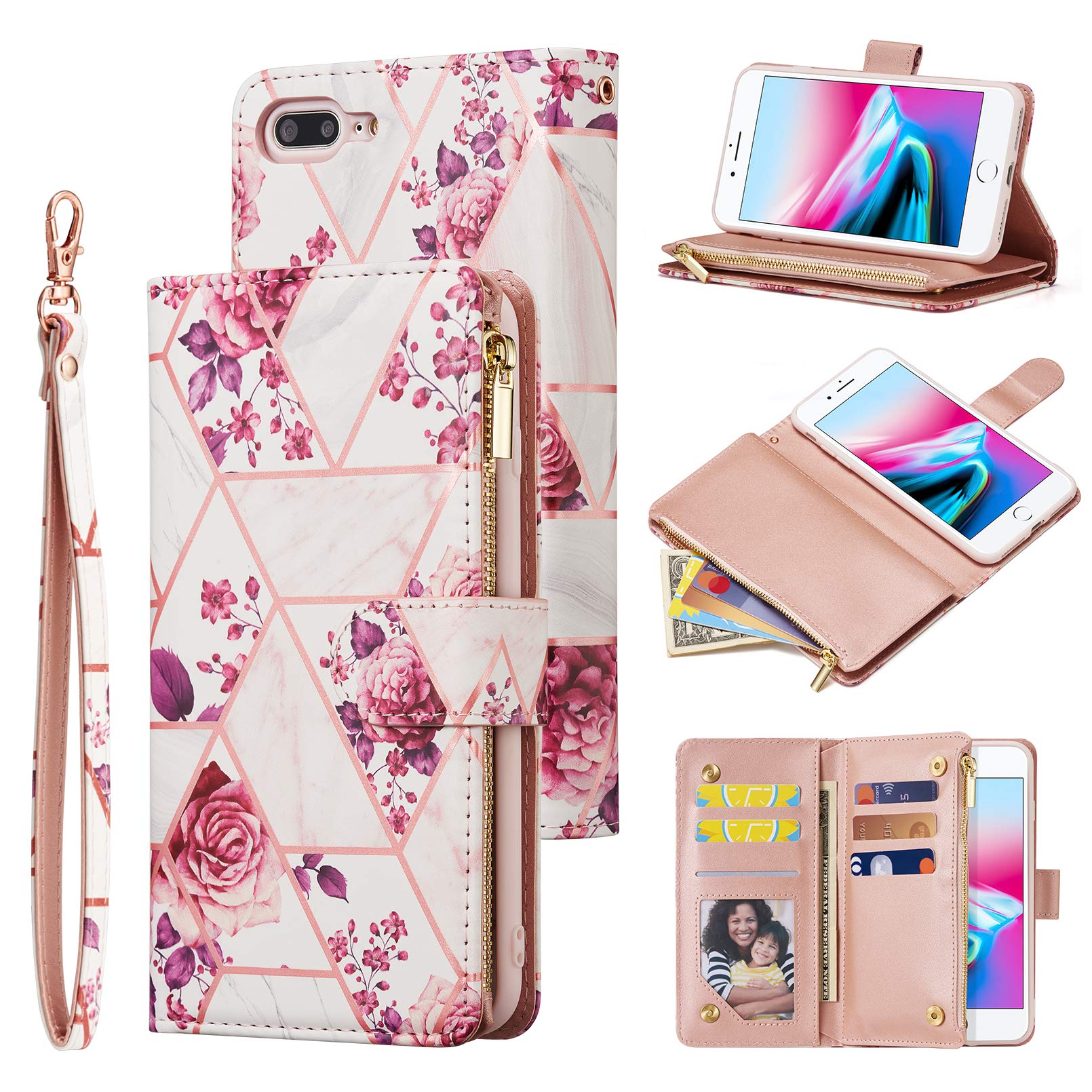 UEEBAI Wallet Case for iPhone 7 Plus iPhone 8 Plus, Premium PU Leather Case Magnetic Closure Geometric Marble Flower Pattern Handbag Zipper Pocket Case Kickstand Card Slots Flip Cover - Rose Gold#2
