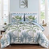 WONGS BEDDING Botanical Comforter Set Queen, 7 Pieces Blue Palm Tree Bed in a Bag, Reversiable Soft Microfiber Coastal Beach Bedding with Comforter, Flat Sheet, Fitted Sheet, Pillow Shams Pillowcases