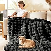 L'AGRATY Faux Rabbit Fur Blanket: 90" x 90" Queen Luxury Soft Fluffy Thick Fur Throw Blanket for Couch Bed Sofa - Cozy Plush Bubble Blankets for Winter: Flannel Fleece Decorative Blanket(Black)