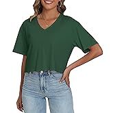 PRIMODA Women's Oversized Crop Tops Boxy V Neck Short Sleeve Cropped T Shirts Loose Summer Workout Crop Tee Tops