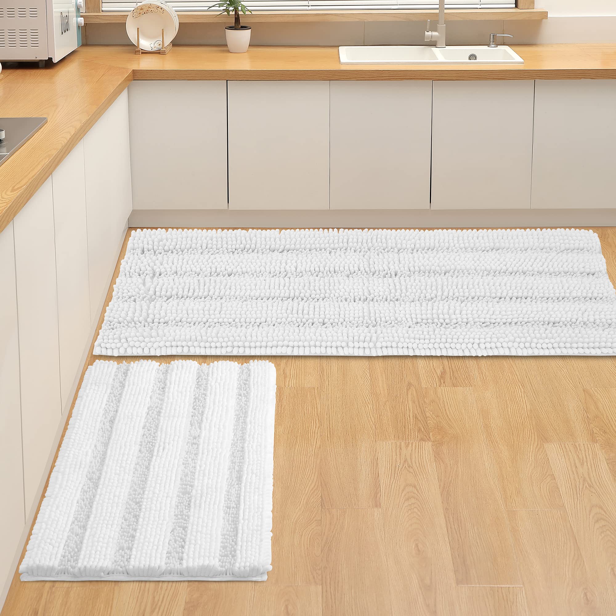 Photo 1 of **CONTAINER BROKE OPEN**Non Slip Thick Shaggy Chenille Bathroom Rug Sets 2 Piece, Thickened Hot Melt Rubber Bottom Bath Mats for Bathroom, Bath Rugs Quick Dry Machine Washable for Shower (White, 47"x17" Plus 17"x24")