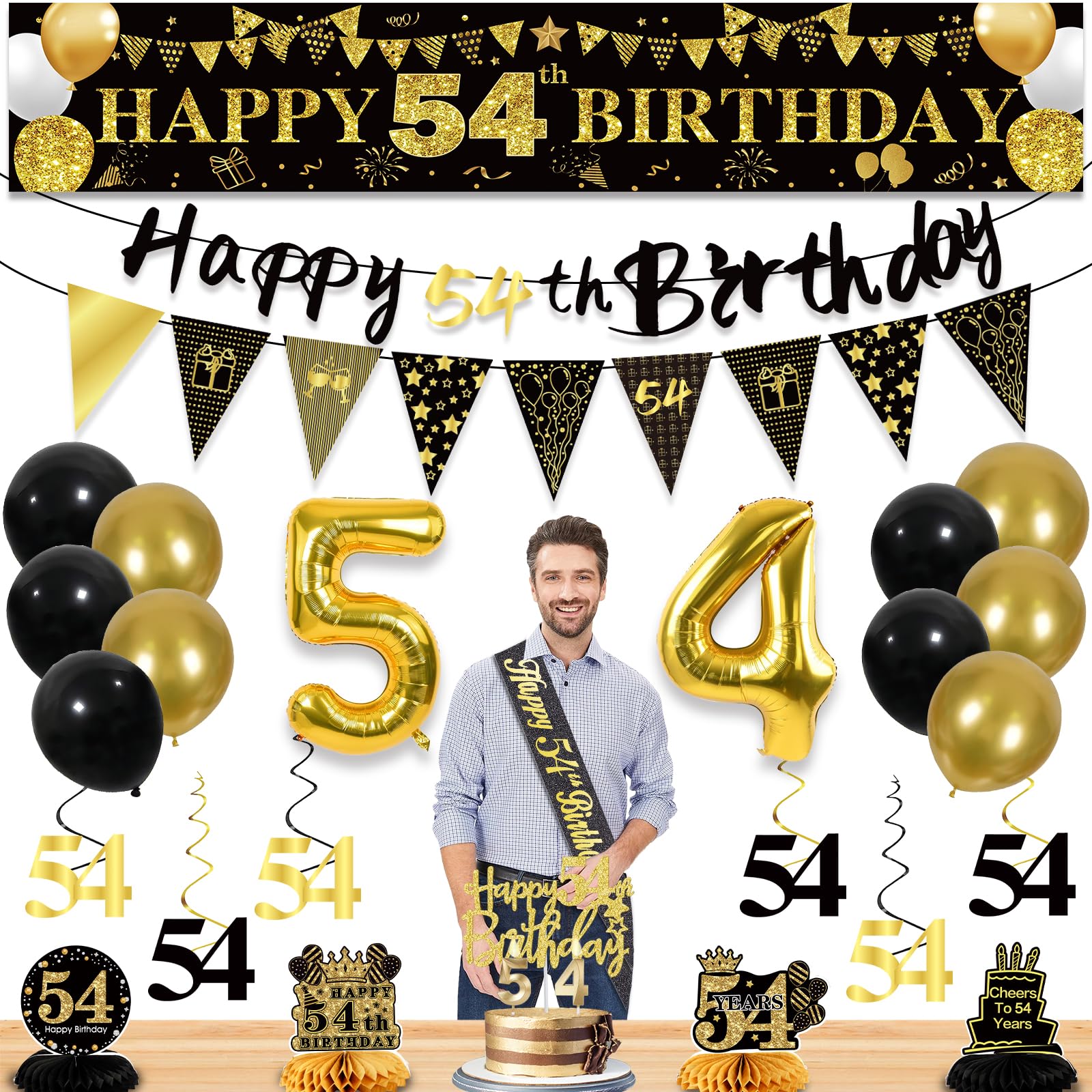 Photo 1 of 27pcs 54th Birthday Decorations for Men, Black Gold 54th Party Decorations, Happy 54th Birthday Banner Honeycomb Hanging Swirls Cake Topper and Balloons Kit Party Supplies