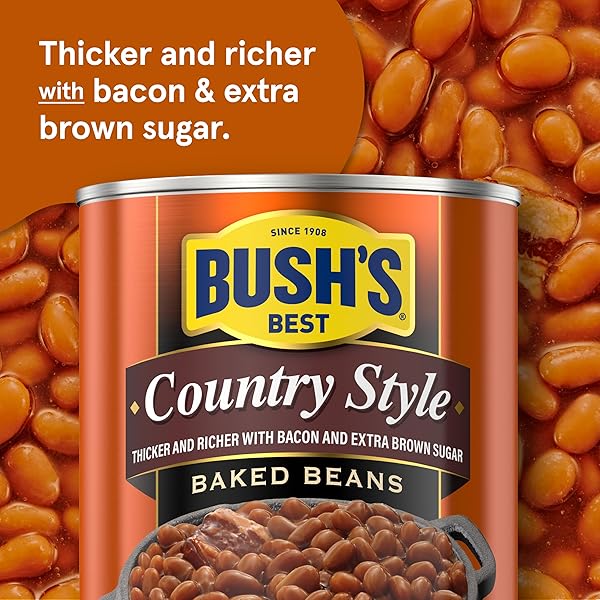 BUSH’S BEST 16 OZ CANNED COUNTRY STYLE BAKED BEANS, SOURCE OF PLANT BASED PROTEIN AND FIBER, GLUTEN FREE, (PACK OF 12)