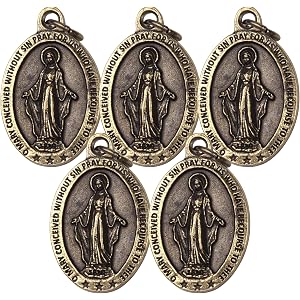 Needzo Antique Style Miraculous Medal, Bronze Toned Religious Pendant, Catholic Devotional Keepsake, 1 Inch (Pack of 5)