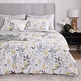 Wake In Cloud - Floral Comforter Set, Cottagecore Aesthetic Botanical Flower and Tree Leaves, Soft Lightweight Bedding for Women Teen Girls, 3 Pieces, Yellow Gray, Twin/Twin XL Size