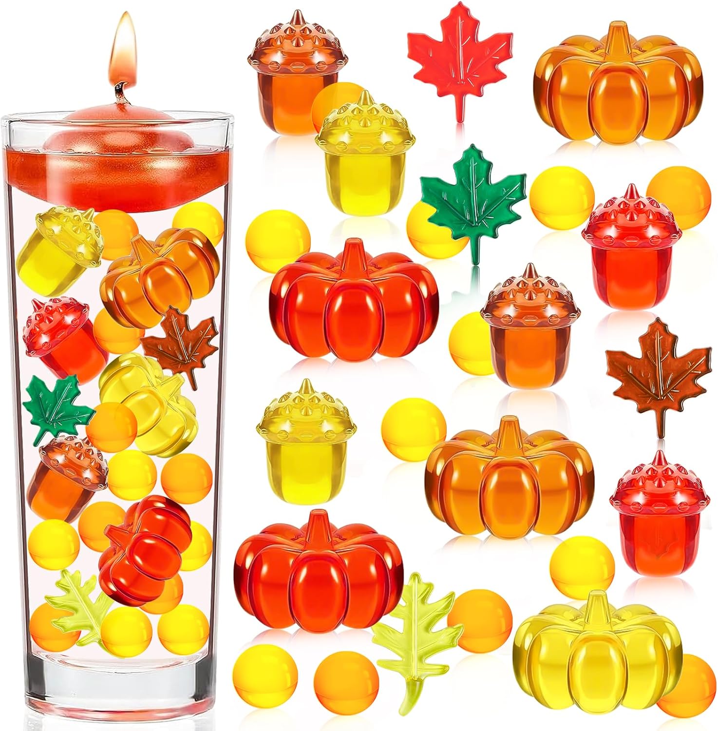 Vase Fillers - Japior 600 Pcs Fall Vase Filler Decorations Acrylic Fall Leaves Pumpkin Marbles Pine Cones Water Beads Decor Centerpiece Table Decorations for Thanksgiving Halloween Autumn