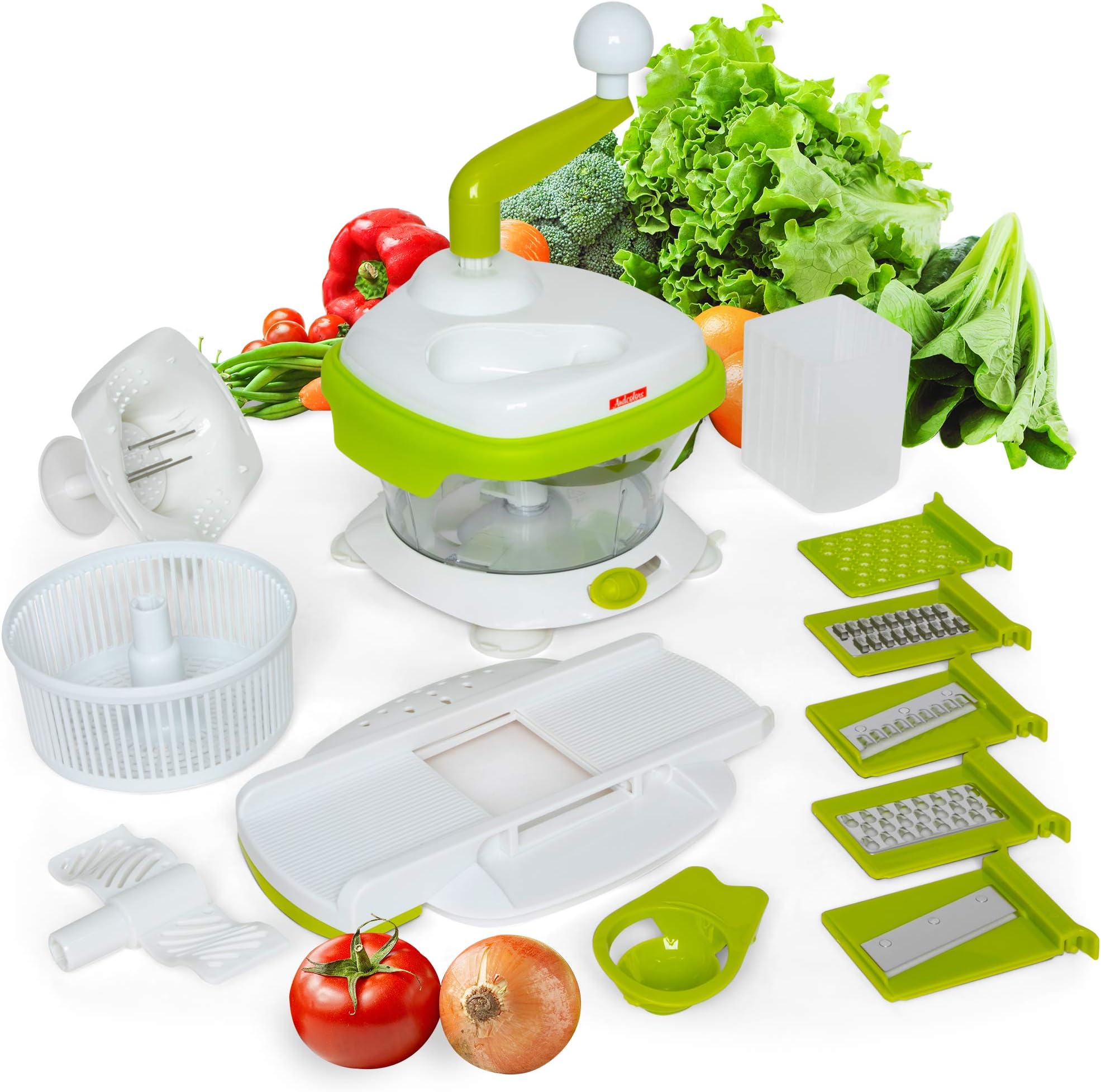 Andcolors ULTIMATE FOOD CHOPPER Multi-functional Hand-Powered Food Chopper, Multi-shape Slicer with 5 Sharp Stainless Steel Blades, Egg beater, Stable Suction Base, Food-Safe, BPA Free