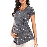 Glampunch Women's Maternity Tops Short & 3/4 Sleeve Round Neck Front Pleat Peplum Tunic Top Pregnancy Shirts