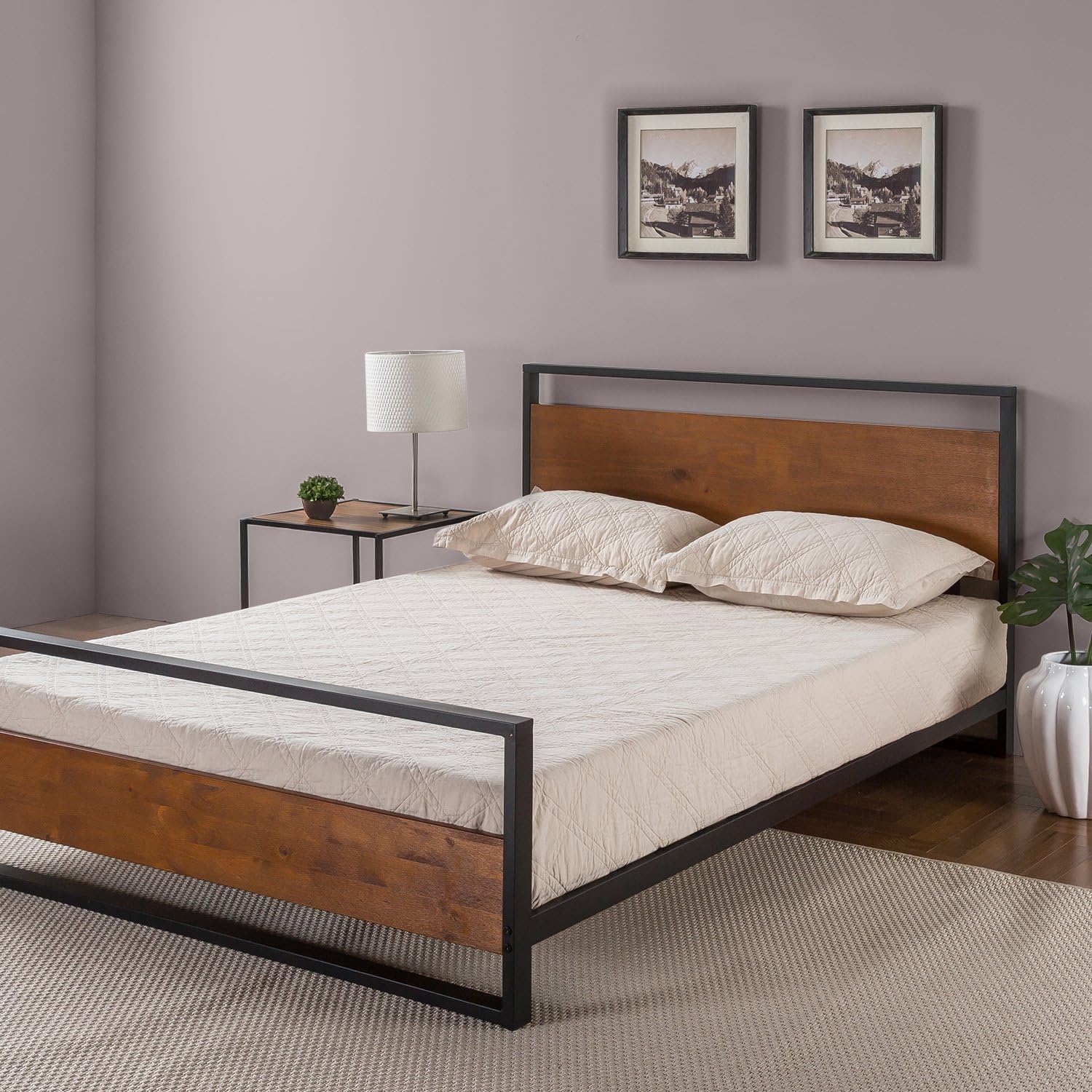 Zinus Suzanne Metal Bed Frame with Wooden Headboard & Footboard, Black; Wood, Single - Image 3