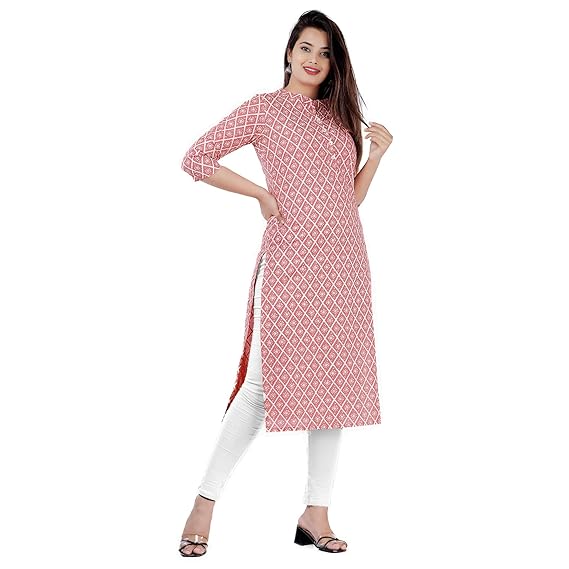 Women Peach & White Printed Straight Kurta