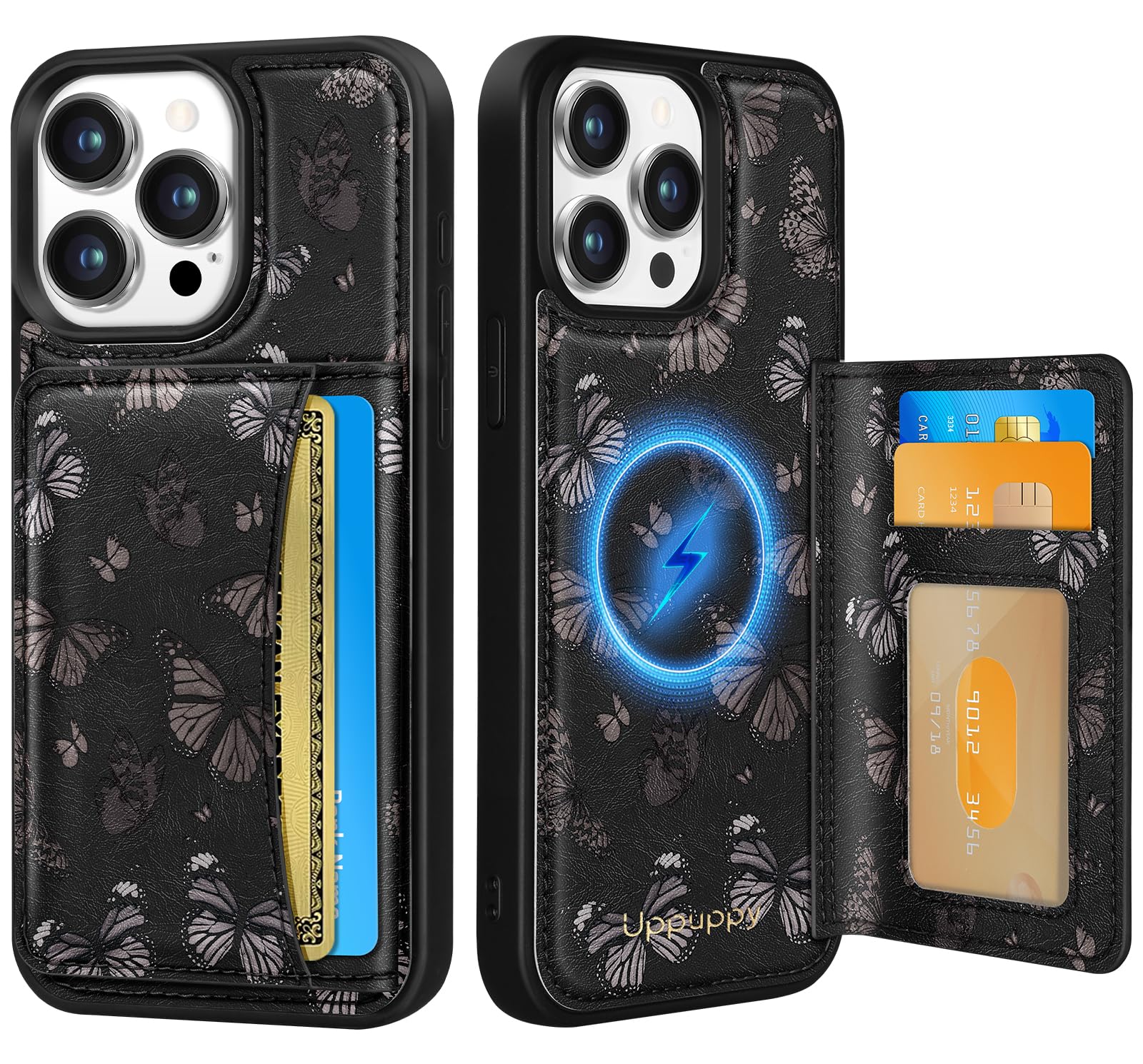 Uppuppy for iPhone 15 Pro Max Case with Wallet - Fits 4 Card Slots, Compatible with MagSafe for Women Aesthetic PU Leather Credit Card Holder Kickstand Phone Cover for Apple 15 Promax, Black Butterfly