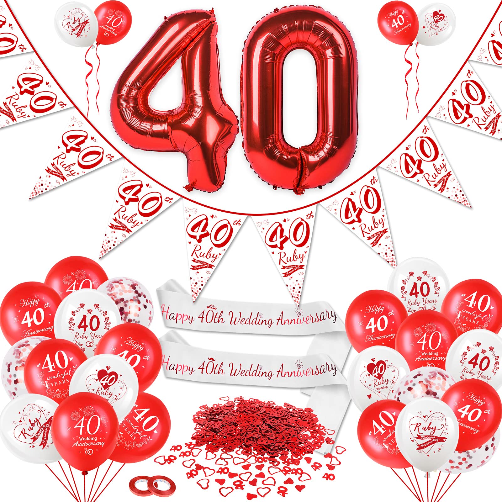 DPKOW Ruby 40th Wedding Anniversary Decorations, Ruby 40th Wedding Anniversary Balloons, Ruby 40th Wedding Anniversary Bunting Banner Sashes, Red Number 40 Heart Confetti, Red Number 40 Foil Balloon