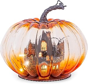 Spooky Haunted House Pumpkin LED 6 x 8 Glass Decorative Tabletop Figurine