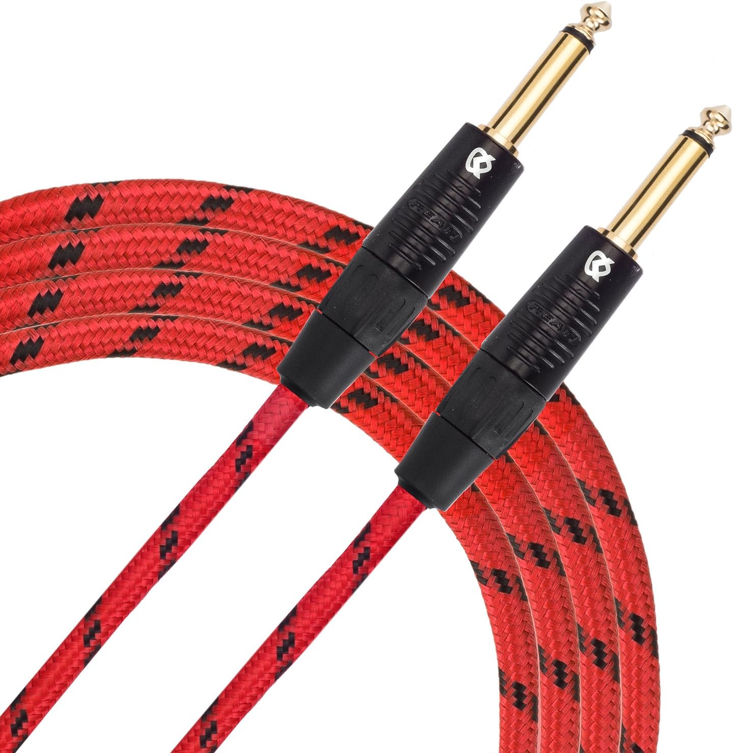 KLIQ Music Gear Guitar Instrument Cable, 10 Ft - Custom Series with Premium Rean-Neutrik 1/4" Straight Gold Plugs 10 Feet Red/Black Tweed
