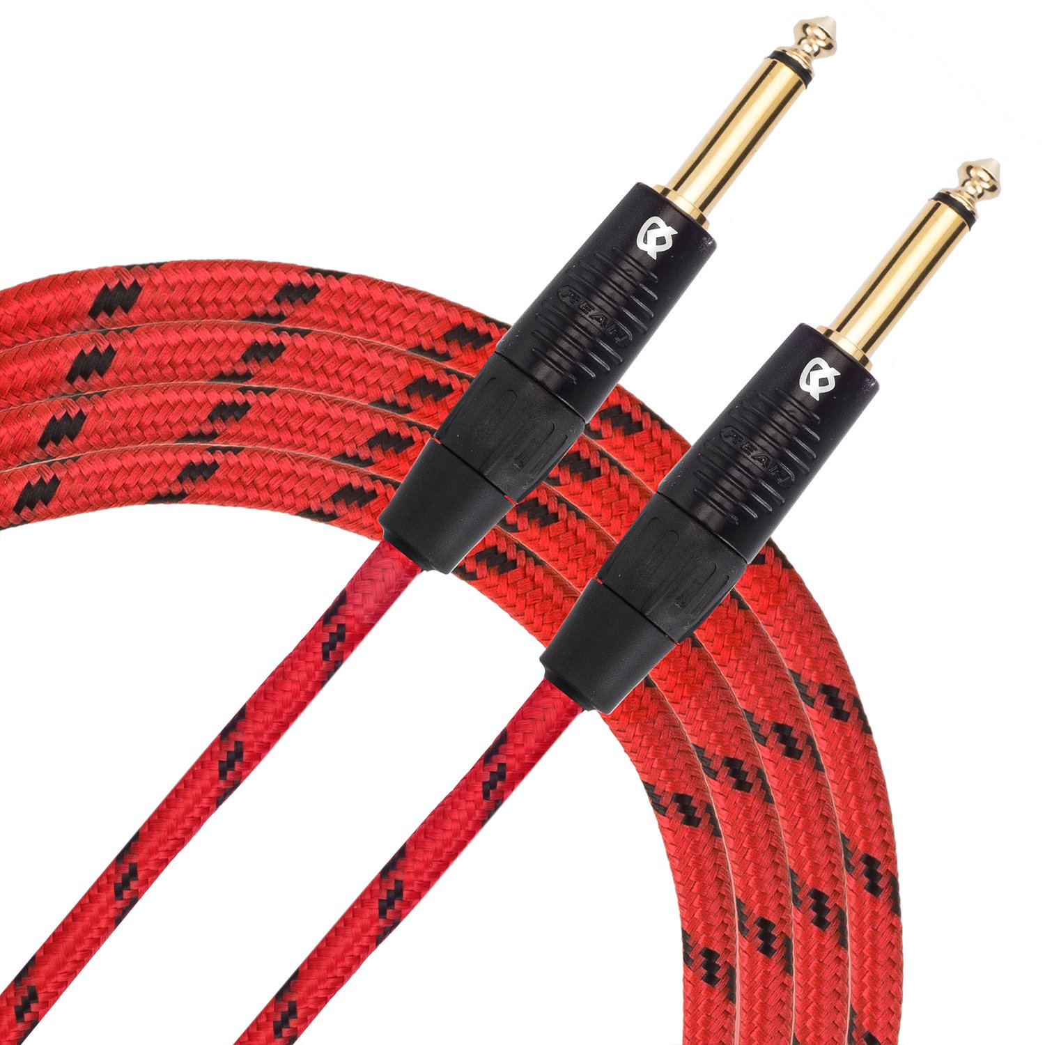KLIQ Music Gear Guitar Instrument Cable, 10 Ft - Custom Series with Premium Rean-Neutrik 1/4" Straight Gold Plugs 10 Feet Red/Black Tweed — image 1