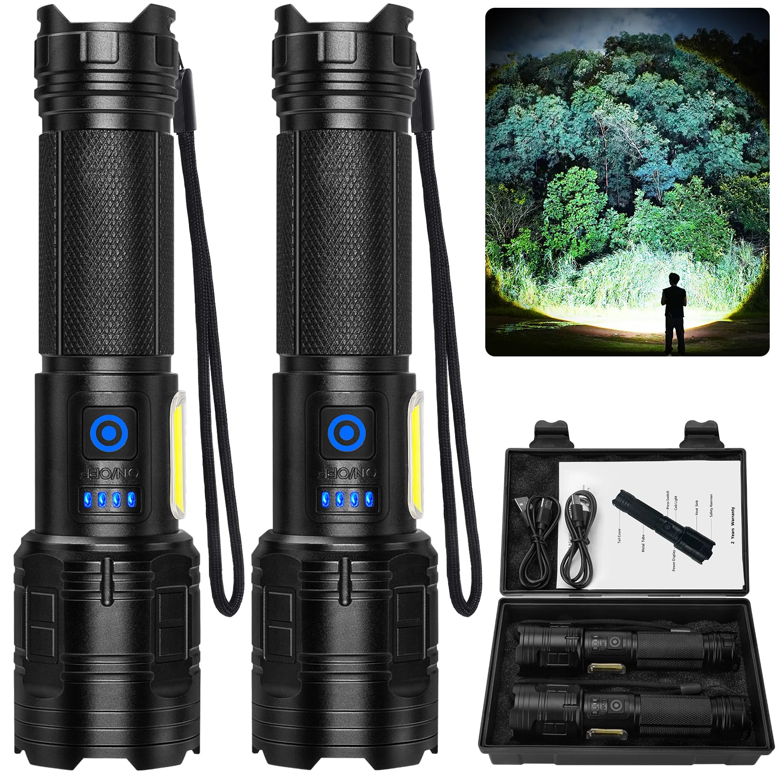 Photo 1 of ALSTU Flashlight Rechargeable 99,000 High Lumen - 2 Pack LED Flash Light with COB, 7 Modes Powerful Handheld Flashlight for Home, Camping (2)
