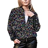 Anna-Kaci Women's Sparkly Sequin Jacket Glitter Long Sleeves Front Zip Up Bomber Jacket with Ribbed Cuffs