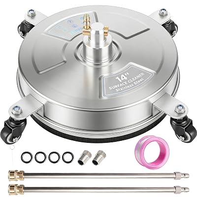 Hourleey 14" Pressure Washer Surface Cleaner, Stainless Steel Surface Cleaner with 4 Wheels for Concrete, Patio, Sidewalk, Deck, Pathway 1/4" Quick Connector, 2 Extension Wand, 4000 PSI