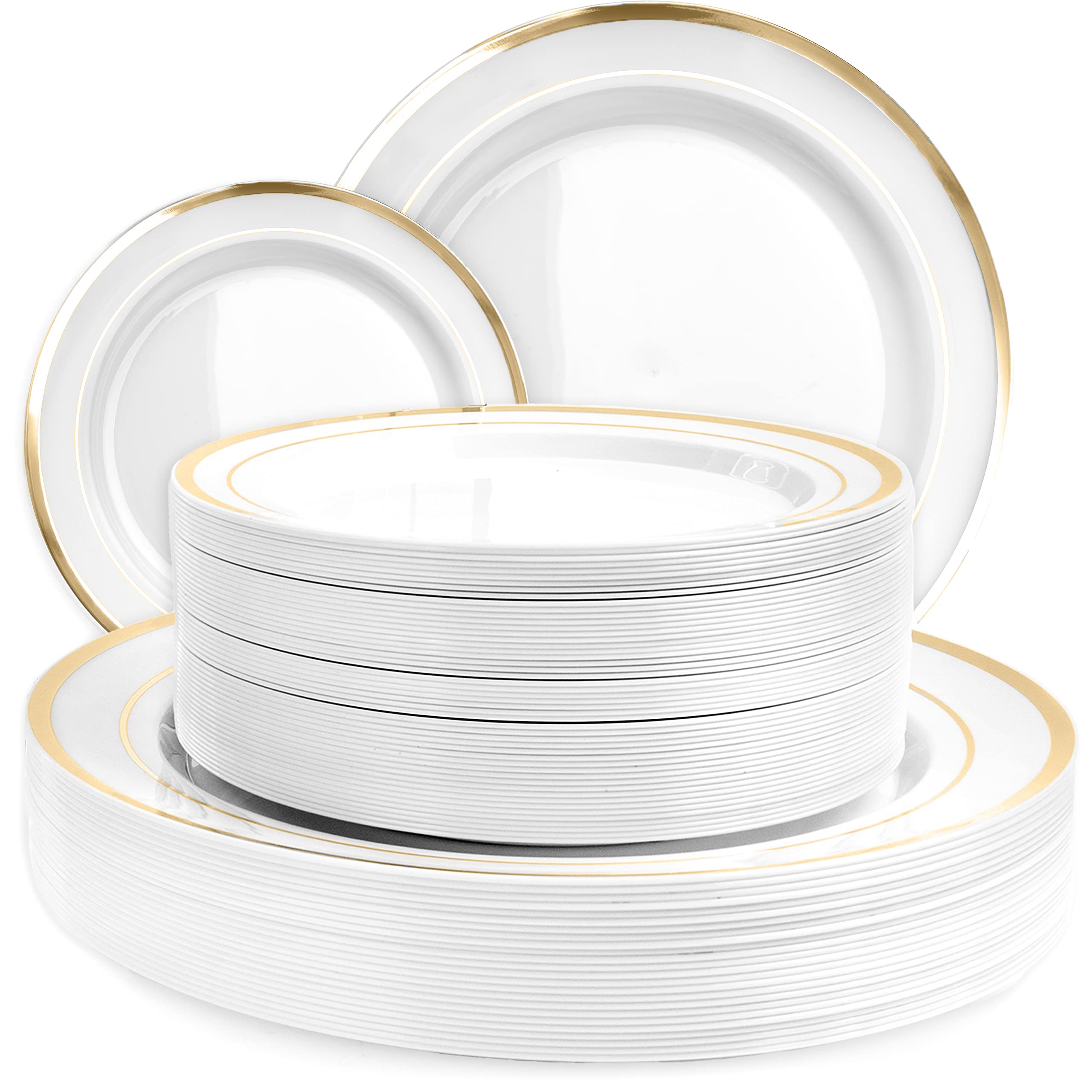 Photo 1 of Aya's Cutlery Kingdom 100 Disposable White Plastic Plates with Gold Trim - Includes 50 (10-Inch) Plastic Dinner and 50 (7.5-Inch) Salad Dessert Plates - Heavy Duty and Elegant Tableware