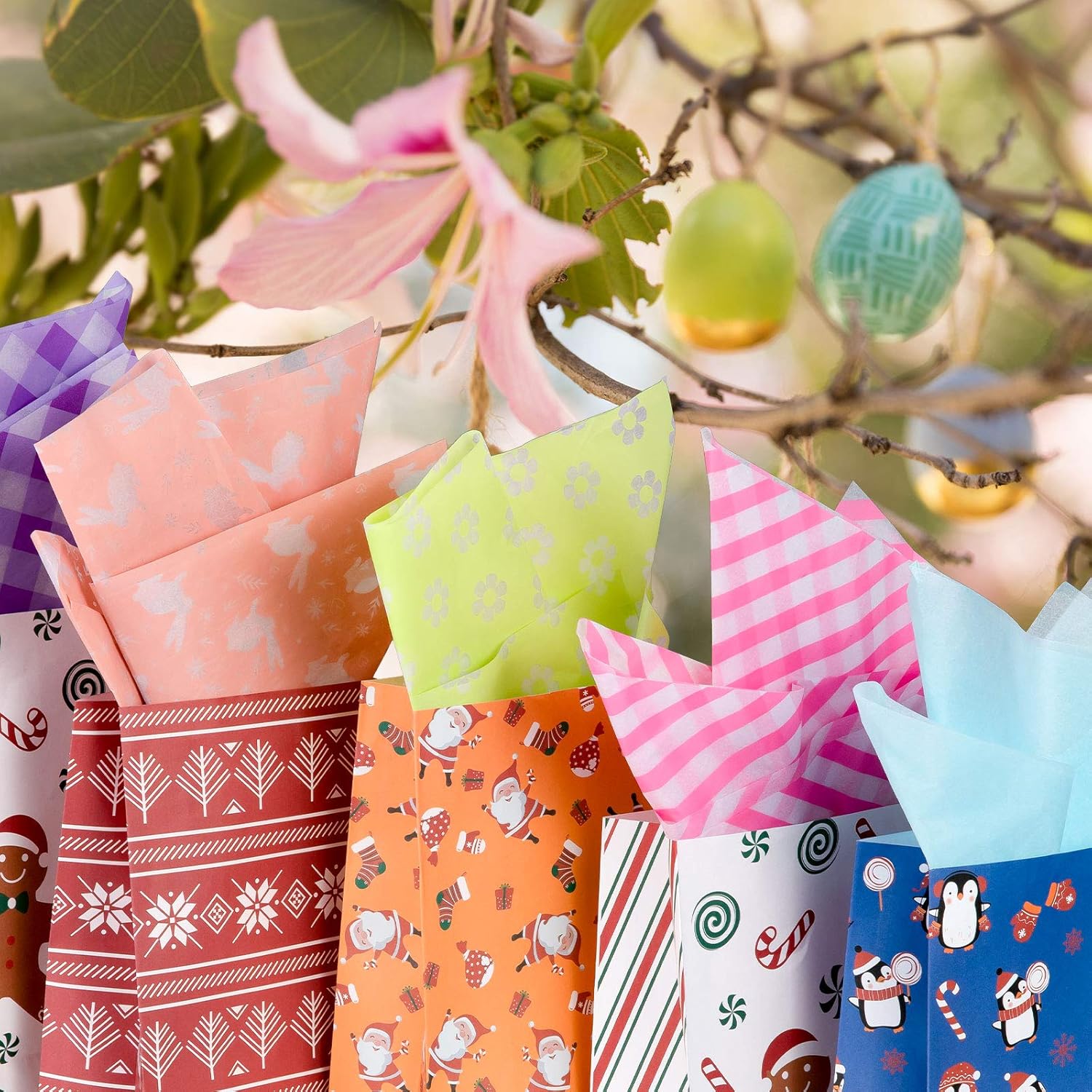 Whaline Easter Tissue Paper 90 Sheet Colorful Gift Wrapping Paper Sheet Pastel Rabbit Bunny Flower Plaid Wrapping Paper Spring Holiday Art Tissue for Easter DIY Gift Packing Birthday Party Favor - Image 4