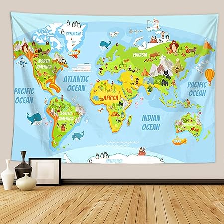 Amazon Co Jp 子供用 タペストリー 世界地図 ワールドマップ 可愛い 英語 毛布 遮光 目隠し 多機能 北欧風 装飾プレゼント 正月 バースデー 引越し祝い 開業祝い 子供の日 洋室 オフィス お元月230 0cm Generic
