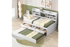 BIADNBZ Twin Size Captain Bed with Beisde Bookshelves, Trundle and 3 Drawers Underneath, Wood Storage Platform Daybed Sofabed Bedframe, for Bedroom Guest Room, White Wash