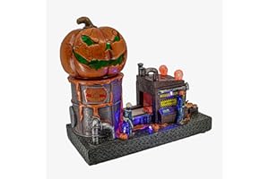 FG Square Pumpkin Pie Manufacturing Animated Spooky Halloween Village Multi-Color LED Lights, Motion and Music 11" x 5" x 10"