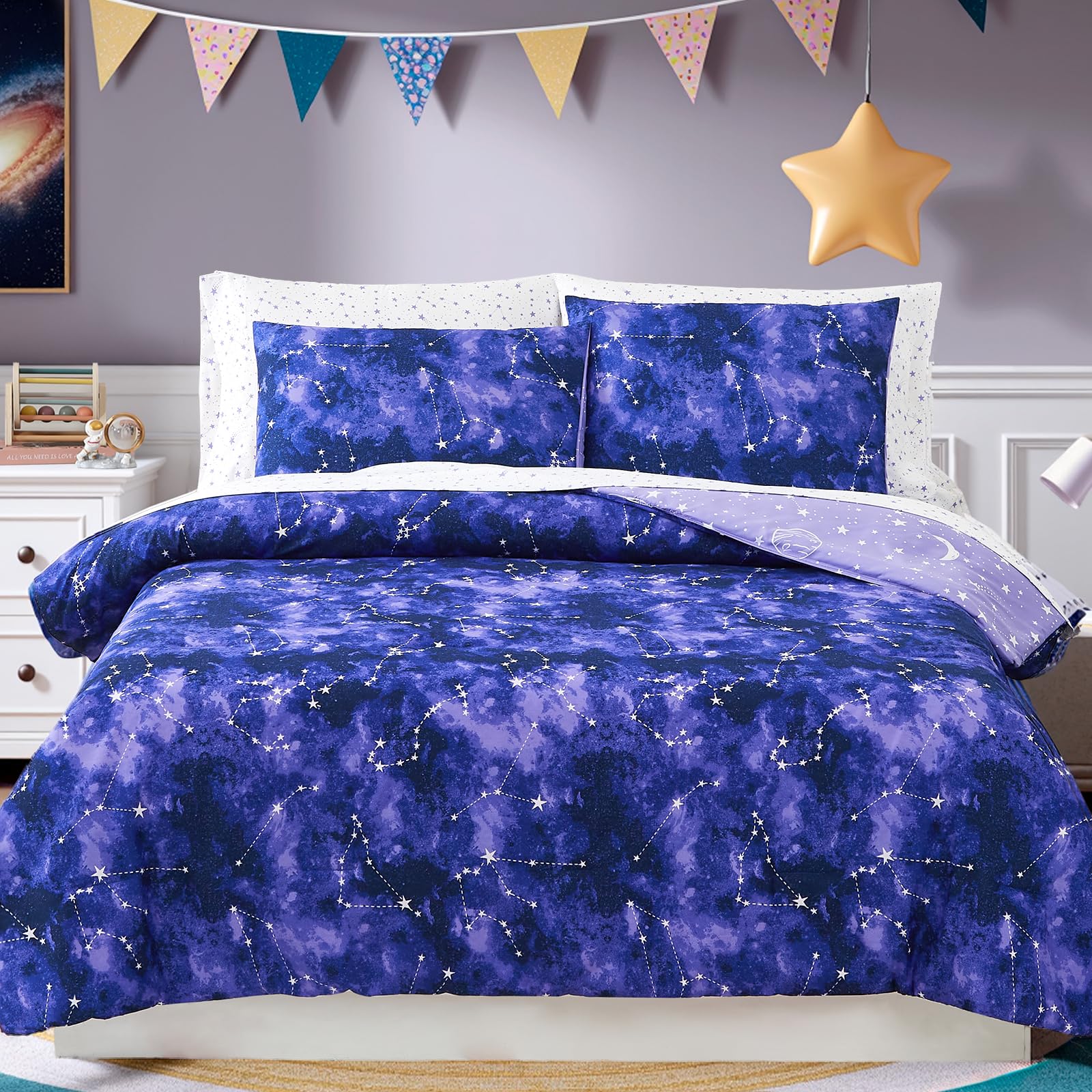 Wink Deer Twin Comforter Set - 5 Pieces Girls Boys Galaxy Glow in the Dark Twin Bedding Sets for Kids, Ultra Soft Bed in A Bag with Sheets