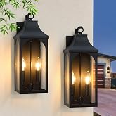 pasentel 17-Inch 2-Light Outdoor Porch Wall Lantern, Black Exterior Light | Vintage farmhouse style, metal frame, thick glass, open bottom, weather-resistant, E12 socket, entryway, garage, ETL, 2 Pack