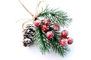OLYPHAN Red Berry Stems Pine Branches Evergreen Christmas Berries Décor 8 PCS Artificial Pine Cones Branch Craft Wreath Pick & Winter Holiday Floral Picks Holly Stem for Decoration DIY Xmas Garland Crafts
