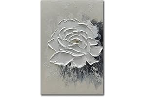 moshinart 24 x 36in Hand-Painted Oil Painting 3D Texture Black White Grey Modern Minimalist Black Abstract Wall Art, Home Office Wall Decoration Camellia