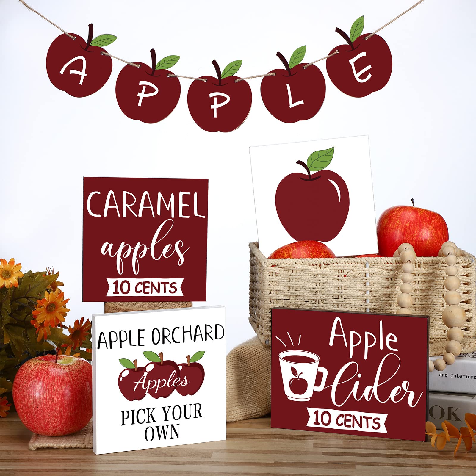 Photo 1 of BBTO Set of 9 Apple Tiered Tray Decor Fall Apple Wooden Sign Caramel Apples Cider Farmhouse Decor Fruits Wood Centerpieces Wooden Table Sign Rustic Thanksgiving Holidays Decoration for Kitchen Home