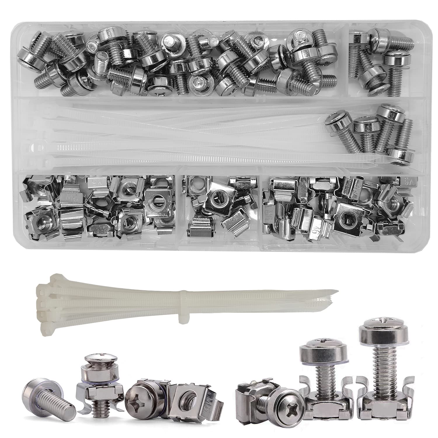 100 Pcs (40 Sets) M6x16/20mm Rack Mount Cage Nuts Screws and Washers Set, Assortment Nuts and Bolts Kit for square hole Rack Mount Data Cabinets, Server Shelves Fixing and Installation(Silver)