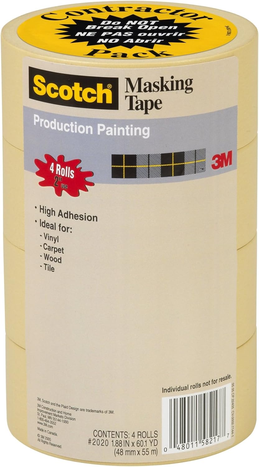 3M 2020 Scotch Masking Tape for Production Painting, 1.88-Inch by 60-Yard, 4-Pack