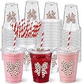Sliner 50 Pcs 16 oz Valentine Bow Cups with Lid and Straw Coquette Red Heart Bow Galentines Cup Plastic Party Disposable Drinkware for Valentine Galentines Birthday Wedding Baby Shower Party Supplies