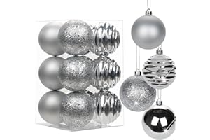 HOLLYONE 3.15" Christmas Ball Ornaments Silver 12 Pcs Shatterproof Christmas Tree Decorations Xmas Tree Medium Christmas Ornaments Balls with Hanging Loop for Wedding Holiday Party Wreath Home Decor