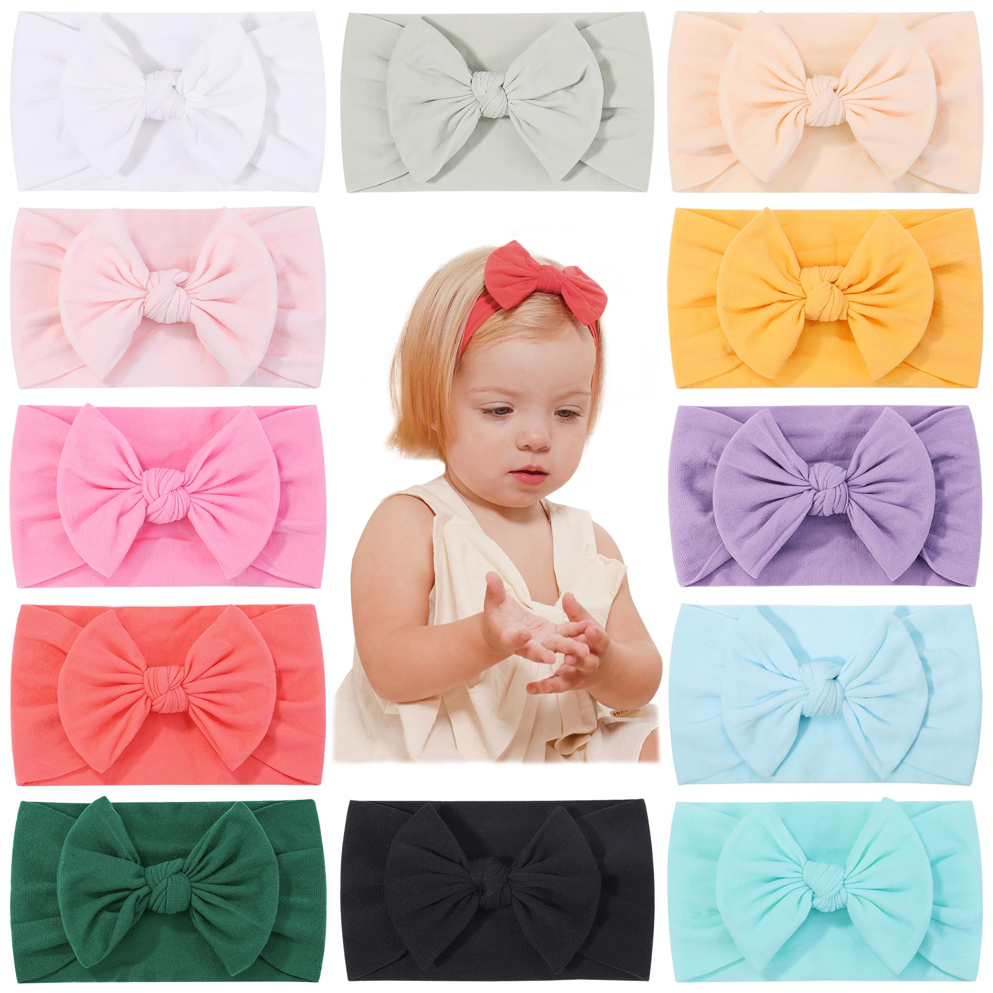 Photo 1 of (ONLY 9) jollybows 12pcs Baby Nylon Headbands With Bow Elastic Hairband For Girls Newborn Infant Toddlers Kids Hair Accessories- Soft Light Color Set
