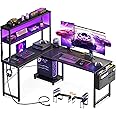 AODK L Shaped Desk Gaming Desk with LED Light & Power Outlet, 53 Inch Reversible L Shaped Computer Desk with Shelf, Corner Desk with Storage Bag&Hook for Home Office Desk, Black