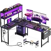 AODK L Shaped Desk Gaming Desk with LED Light & Power Outlet, 53 Inch Reversible L Shaped Computer Table with Shelf & Storage Bag & Hook for Home Office, Black