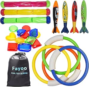 Fayoo 23 Pack Underwater Swimming/Diving Pool Toys Diving Rings(4 Pcs), Toypedo Bandits(4 Pcs), Diving Sticks(3 Pcs) with Under Water Treasures (12 Pcs) Gift Set Bundle