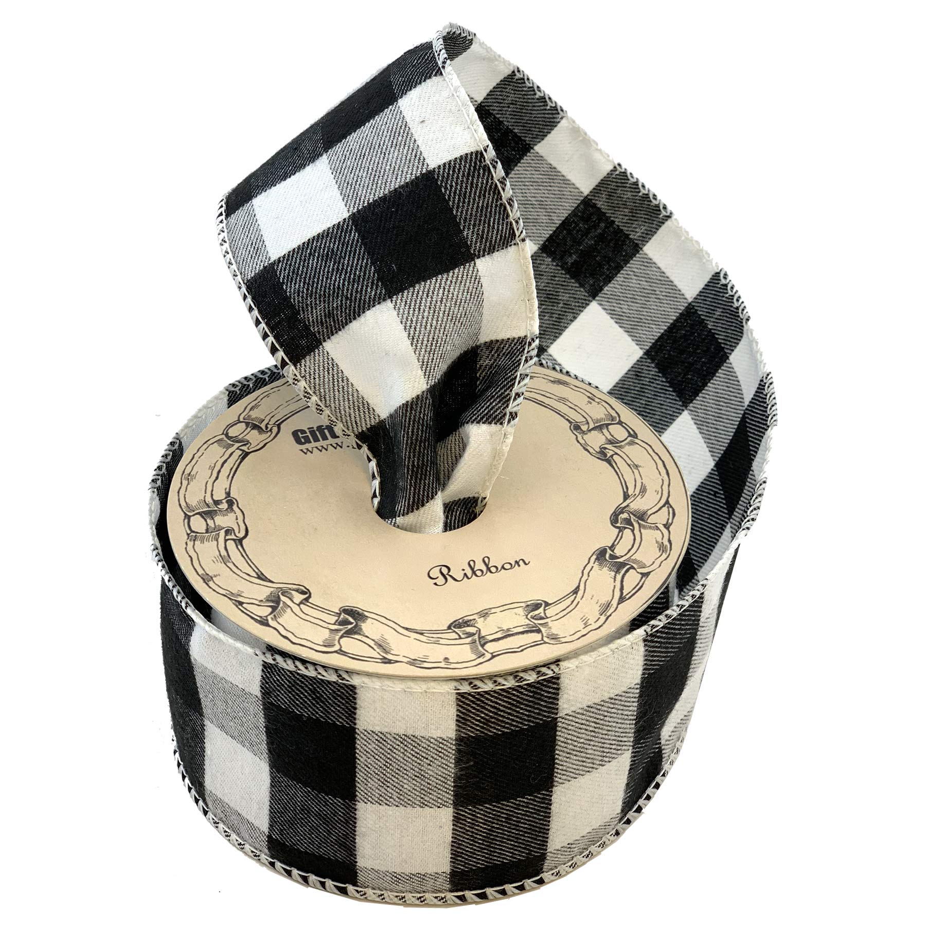 Black White Buffalo Plaid Ribbon - 6 cm x 10 Meters, Wired Edge, Christmas Tree Ribbon, Rustic, Farmhouse, Wreath Decor, Craft Decoration, Gifts, Birthday, Halloween