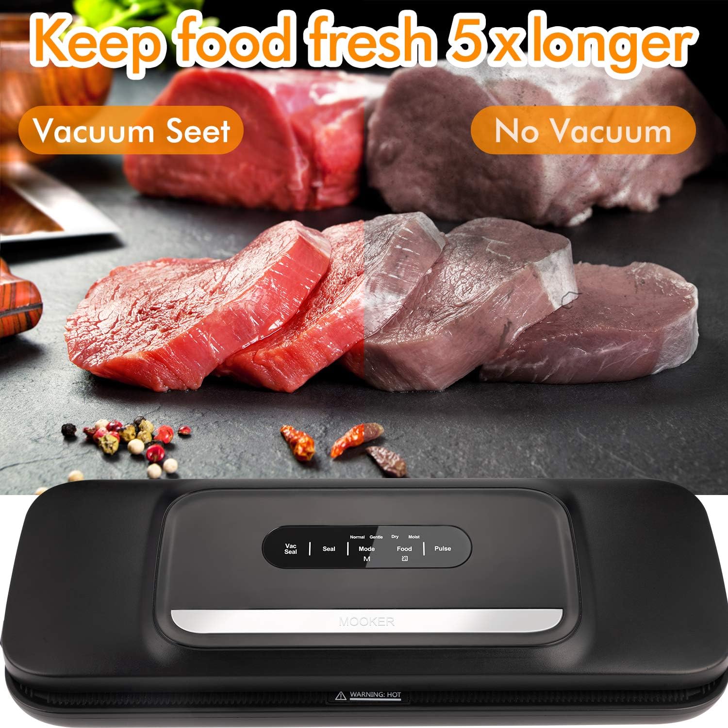 Vacuum Sealer Machine for Food- Automatic Food Sealer for Food Savers w/Starter Kit with 25 Pcs Vacuum Bags, Compact Design with Dry & Moist Food Modes and Led Indicator Lights, Free Your Hands and Easy to Clean（Black）: Kitchen & Dining