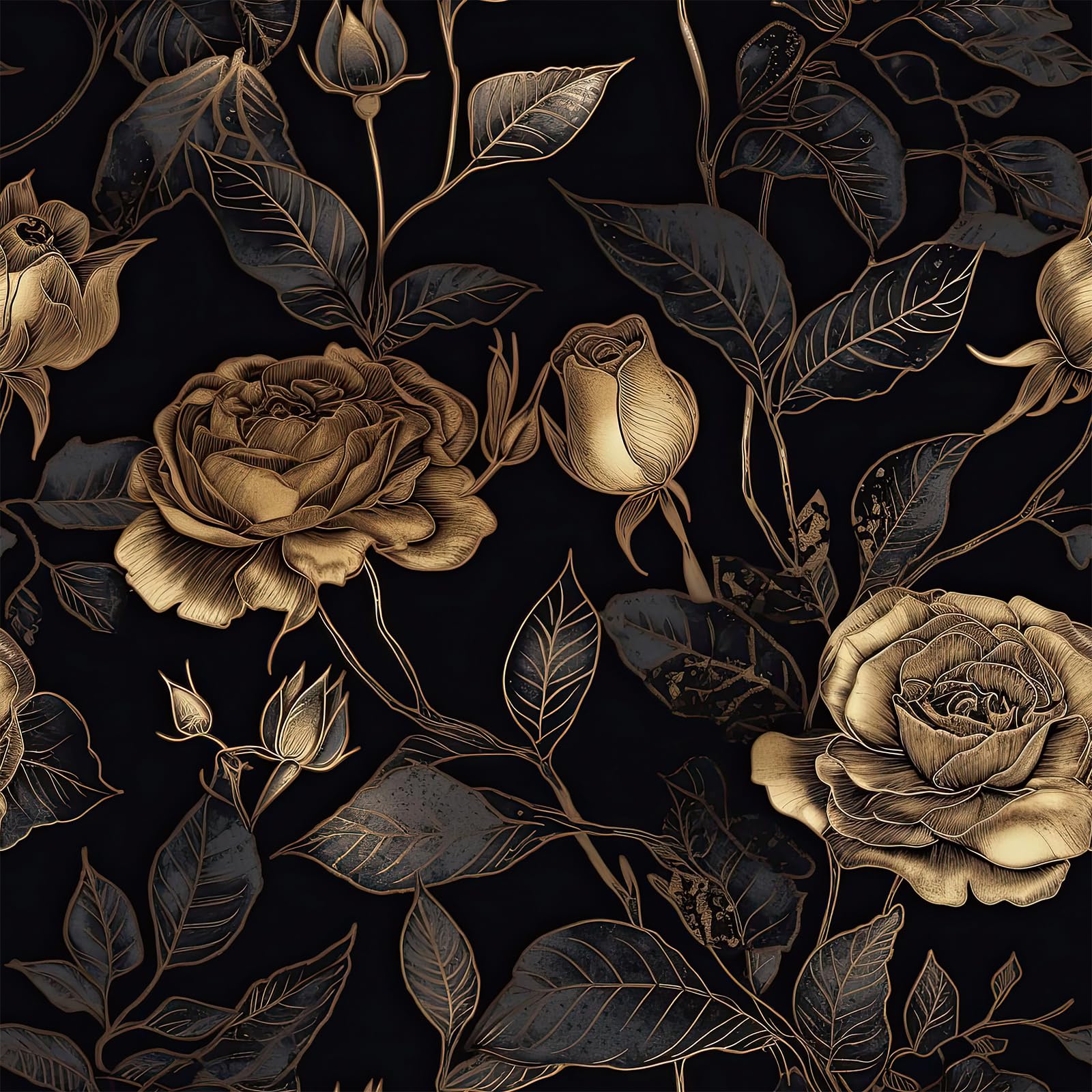 Photo 1 of ReWallpaper Black Floral Wallpaper Removable Black and Gold Wallpaper Peel and Stick Bedroom 17.5inX23ft Moody Dark Floral Wallpaper Vintage Black Gold Rose Flower Wall Decor Living Room Bathroom Wall