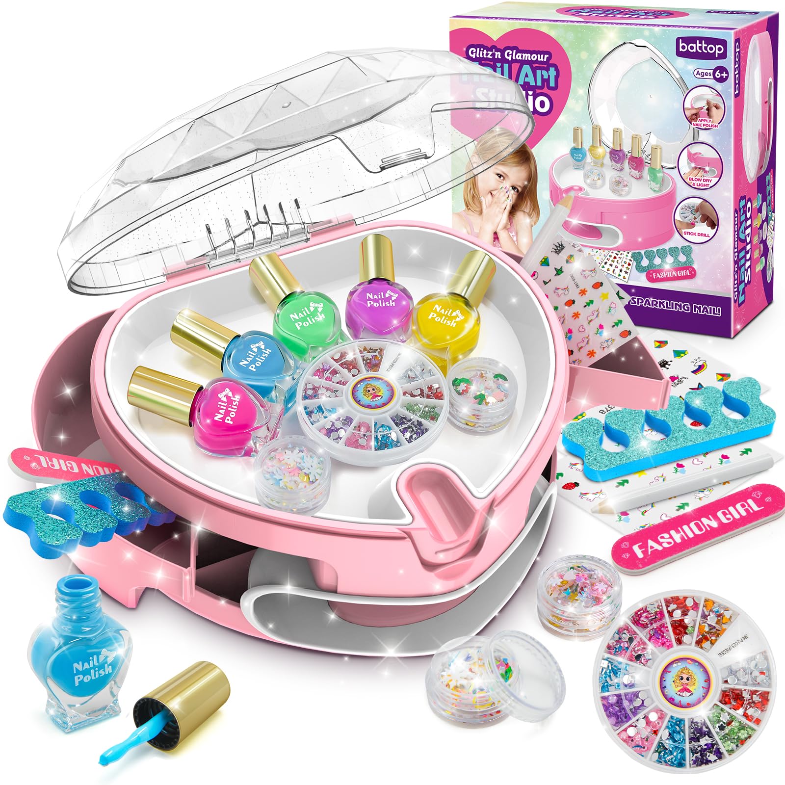 Dkinghome Girls Nail Art Kit Kids, Water Based Nail Polish for Girls Toys Age 6 7 8 9 10 11 12, Girl Nails Varnish Sets, Nails Salon Craft Kits for Girl Birthday Christmas Presents Gifts Pink — image 1