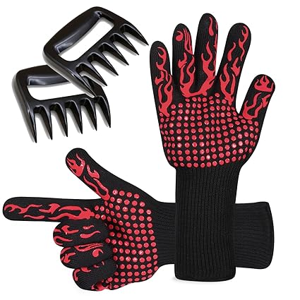 Prumya BBQ Gloves and Meat Shredder Claws Set, Heat Resistant Grilling Cooking Gloves Oven Mitts & Pulled Pork Claws, Home Kitchen Accessories BBQ Tool for Outdoor and Indoor Use